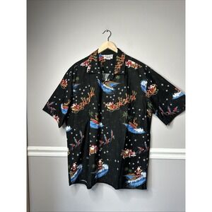 Pacific Legend Black‎ Surf Santa Christmas Button Down Aloha Camp Shirt Men 2XL